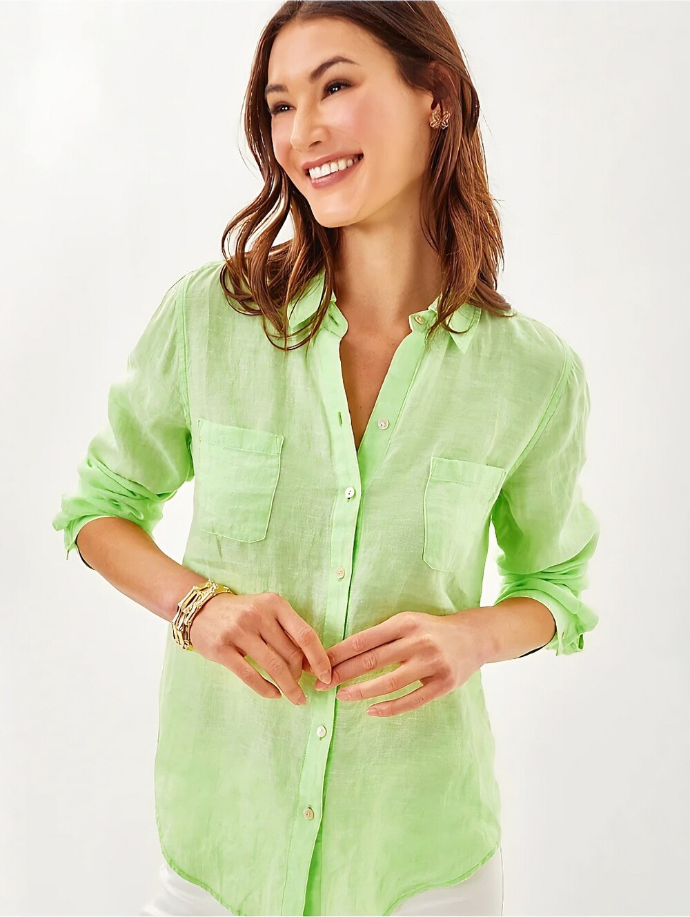 NWT. LILLY PULITZER Sea View Linen Button Down Shirt In Jade Lime
